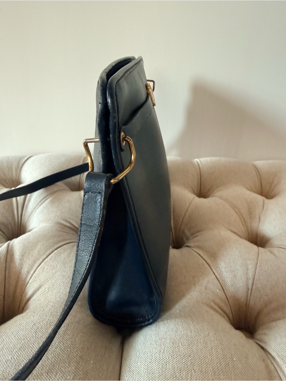 Vintage Christian Dior Navy Leather Shoulder Bag Clutch 1970s Plaque Logo - Picture 6 of 15